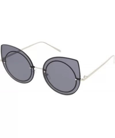 Oversize Rimless Slim Arms Neutral Color Flat Lens Cat Eye Sunglasses 64mm - Silver / Smoke - CV182GWGDYX $16.26 Cat Eye