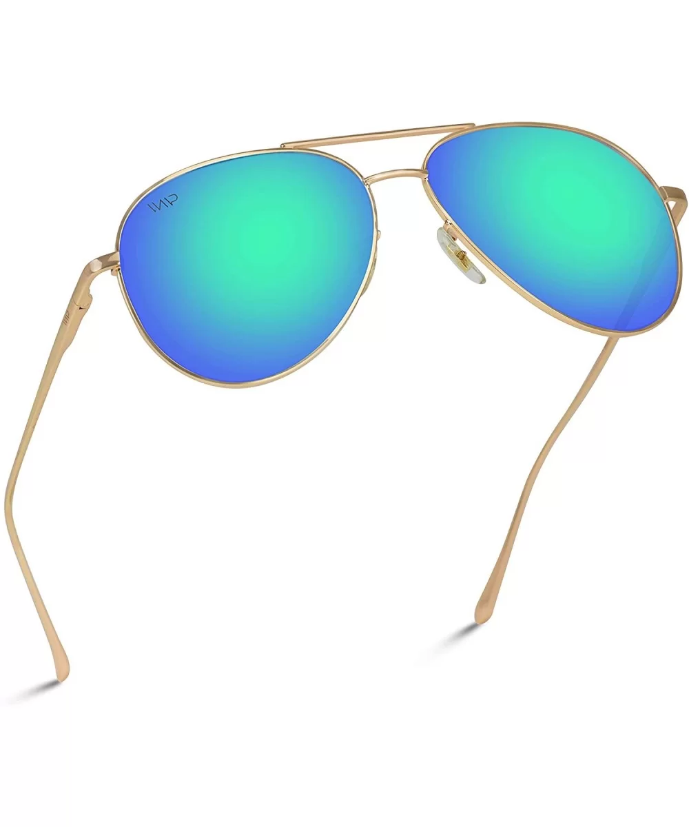 Aviator Full Silver Mirror Metal Frame Sunglasses - Gold Frame / Flashing Green - CH12EGNH05L $27.60 Oversized