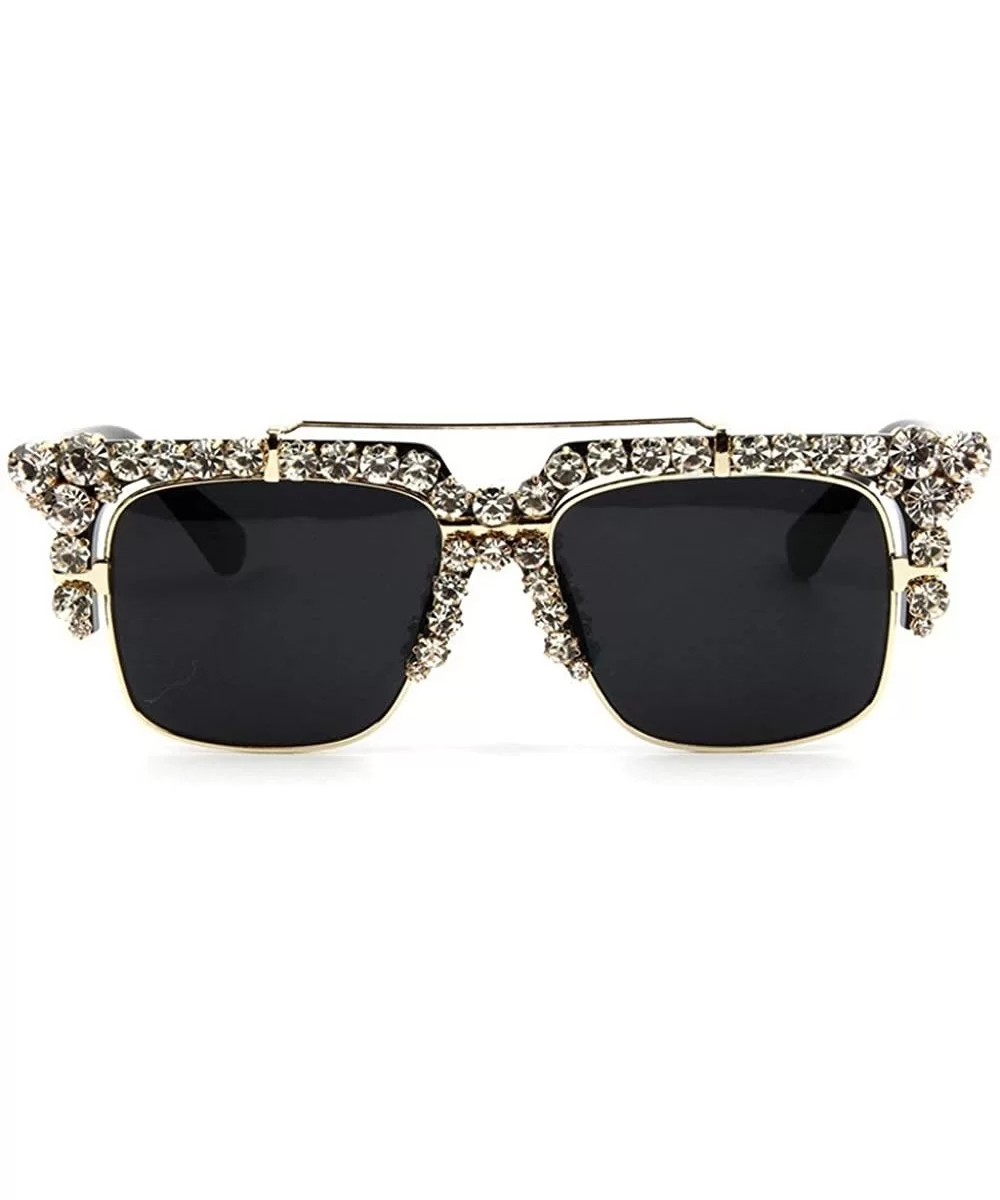 Fashion Trend Square Frame Rhinestone Sunglasses for Women Half Frame Double Beam Retro Diamond Sunglasses - CU18Y9G2DMK $23....