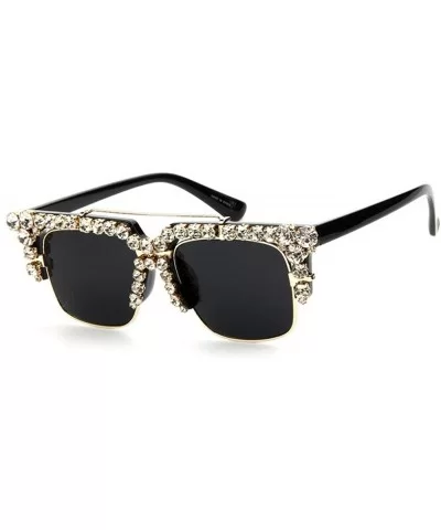 Fashion Trend Square Frame Rhinestone Sunglasses for Women Half Frame Double Beam Retro Diamond Sunglasses - CU18Y9G2DMK $23....