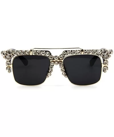 Fashion Trend Square Frame Rhinestone Sunglasses for Women Half Frame Double Beam Retro Diamond Sunglasses - CU18Y9G2DMK $23....