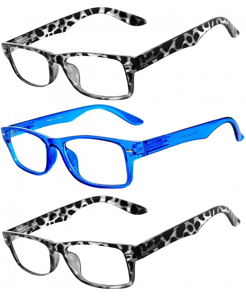 Set of 3 Pairs Fashion Narrow Rectangular Colorful Frame Clear Lens Sunglasses - 2_leopard_blue - C318372QOX2 $14.62 Rectangular