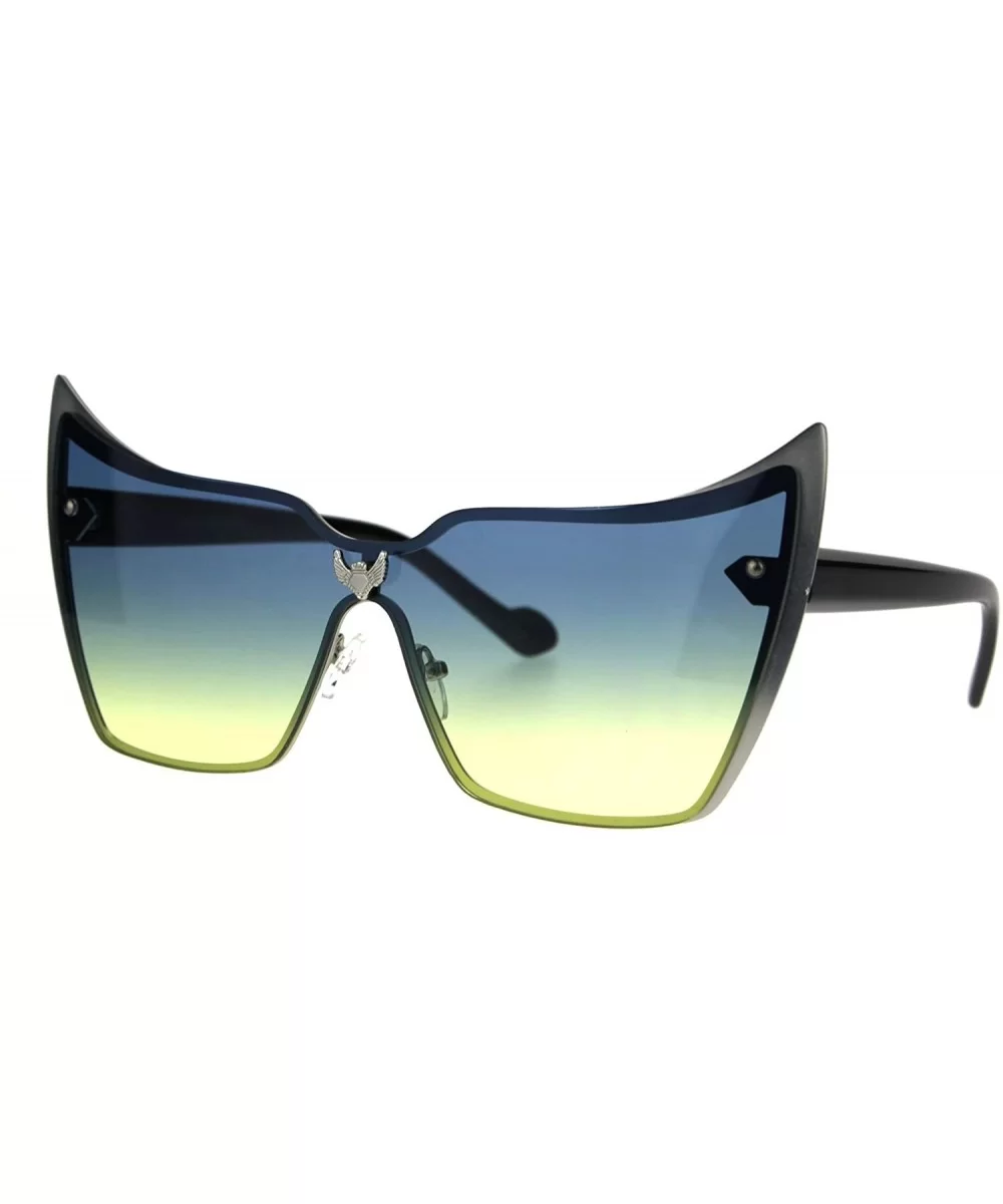 Bat Mask Shield Winged Cat Eye Gradient Lens Metal Rimless Sunglasses - Silver Blue Yellow - CZ186EXXKUQ $16.77 Shield