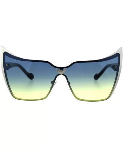 Bat Mask Shield Winged Cat Eye Gradient Lens Metal Rimless Sunglasses - Silver Blue Yellow - CZ186EXXKUQ $16.77 Shield