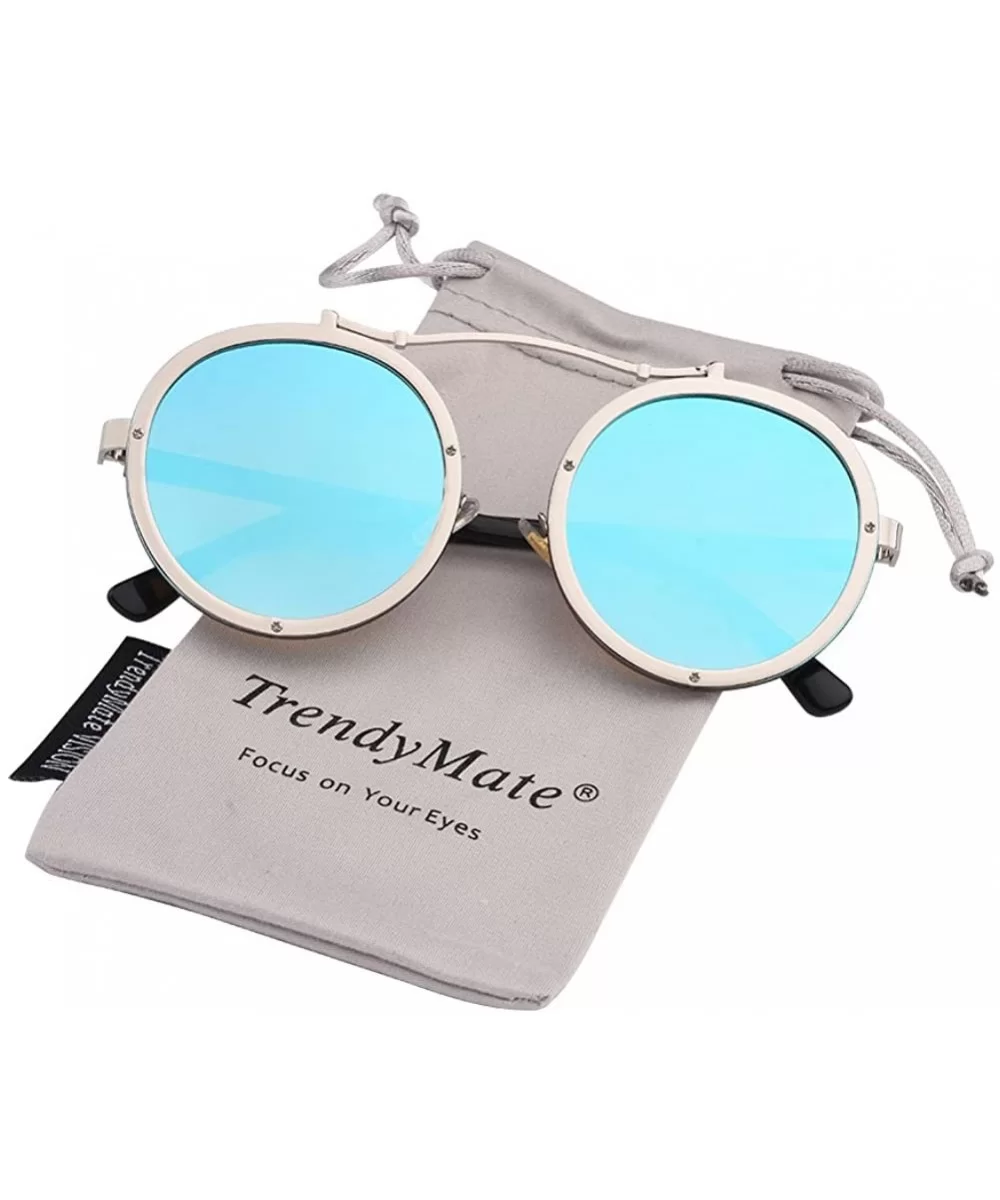 Steampunk Round Men Metal Driving Circle Sun Glasses Women Vintage Retro Sunglasses - Silver Blue - C9182WQR07E $18.18 Round