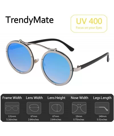 Steampunk Round Men Metal Driving Circle Sun Glasses Women Vintage Retro Sunglasses - Silver Blue - C9182WQR07E $18.18 Round