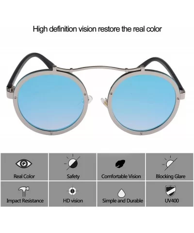 Steampunk Round Men Metal Driving Circle Sun Glasses Women Vintage Retro Sunglasses - Silver Blue - C9182WQR07E $18.18 Round