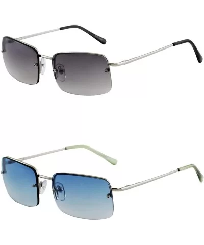 Minimalist Medium Rectangular Sunglasses Clear Eyewear Spring Hinge - 2 Pack Silver/Smoke and Silver/Blue - CB196R2YHXZ $26.1...