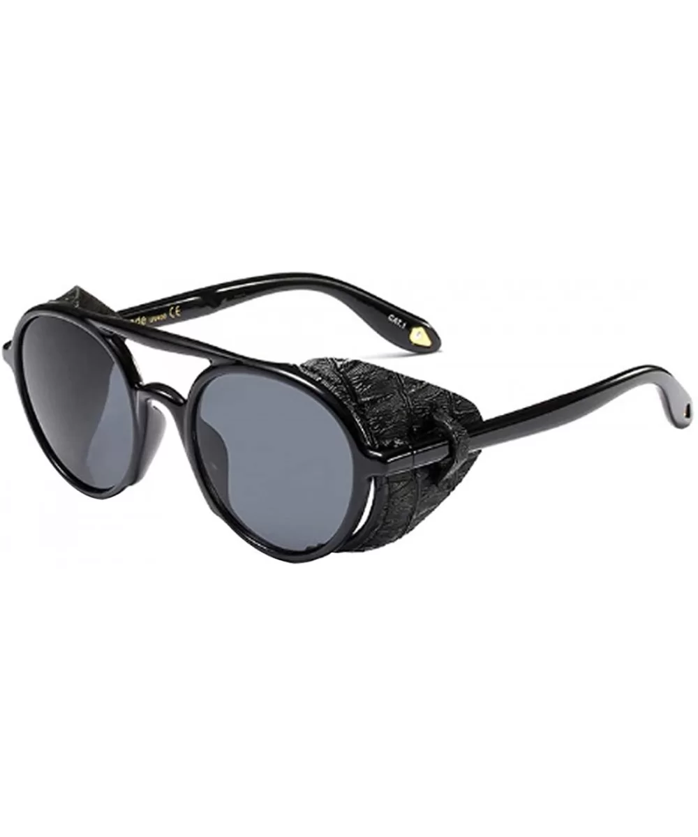 Women's Retro Classic Round Plastic Frame Sunglasses With Leather - Bright Black Gray - CY18W0NQQ83 $36.38 Round