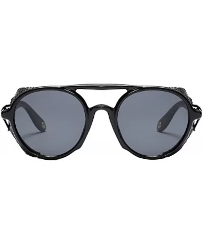 Women's Retro Classic Round Plastic Frame Sunglasses With Leather - Bright Black Gray - CY18W0NQQ83 $36.38 Round