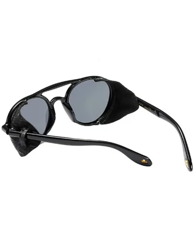 Women's Retro Classic Round Plastic Frame Sunglasses With Leather - Bright Black Gray - CY18W0NQQ83 $36.38 Round