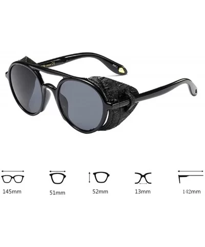 Women's Retro Classic Round Plastic Frame Sunglasses With Leather - Bright Black Gray - CY18W0NQQ83 $36.38 Round