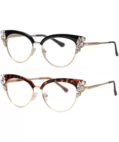 Womens Rhinestones Cateye Reading Glass Eyeglass Frame - 2 Pairs / Black + Leopard - C818I89A9Y5 $29.16 Cat Eye