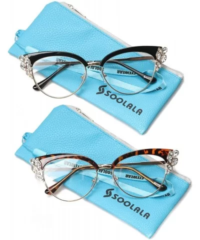 Womens Rhinestones Cateye Reading Glass Eyeglass Frame - 2 Pairs / Black + Leopard - C818I89A9Y5 $29.16 Cat Eye