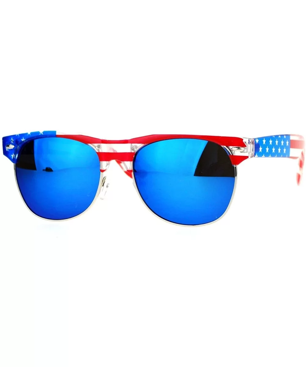 Mirror Lens Patriotic USA Flag Print Half Rim Sunglasses - Clear Blue - CT12HVJR9IF $13.84 Wayfarer