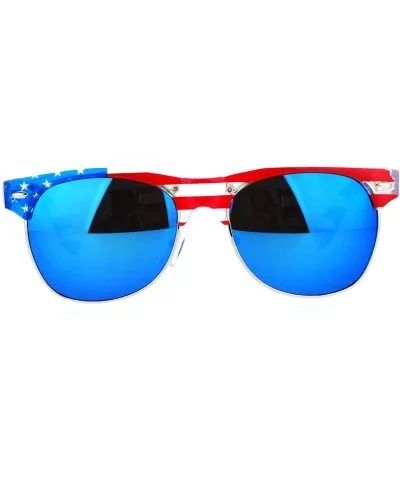 Mirror Lens Patriotic USA Flag Print Half Rim Sunglasses - Clear Blue - CT12HVJR9IF $13.84 Wayfarer