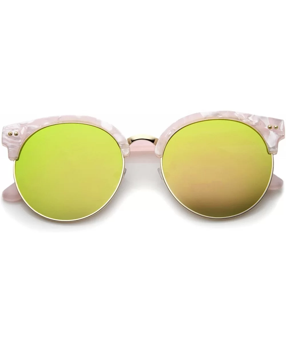 Womens Half-Frame Marble Finish Moon Cut Color Mirrored Lens Round Sunglasses - Pink-gold / Yellow Mirror - C712EH19PF5 $20.9...