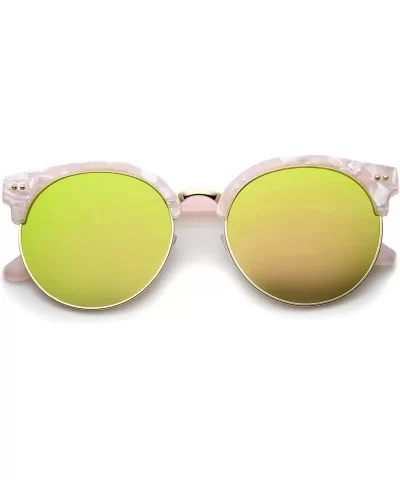 Womens Half-Frame Marble Finish Moon Cut Color Mirrored Lens Round Sunglasses - Pink-gold / Yellow Mirror - C712EH19PF5 $20.9...