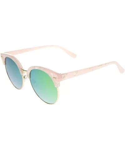 Womens Half-Frame Marble Finish Moon Cut Color Mirrored Lens Round Sunglasses - Pink-gold / Yellow Mirror - C712EH19PF5 $20.9...