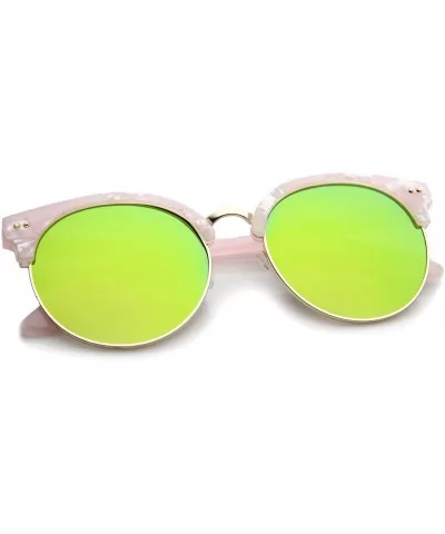 Womens Half-Frame Marble Finish Moon Cut Color Mirrored Lens Round Sunglasses - Pink-gold / Yellow Mirror - C712EH19PF5 $20.9...