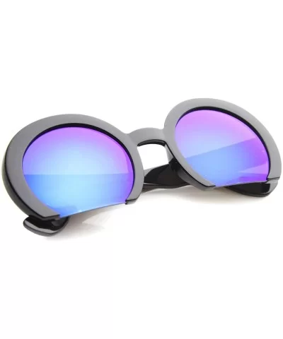 Women's Oversize Semi-Rimless Flat Bottom Mirror Lens Round Sunglasses 56mm - Shiny Black / Blue Mirror - C012I21SM55 $13.09 ...