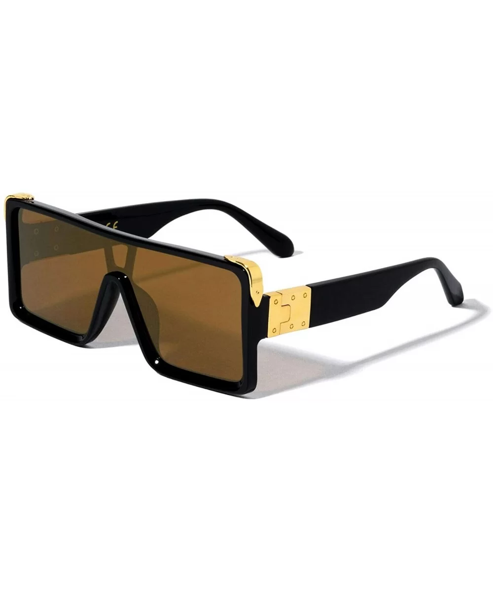 Oversized Square Shield One Piece Lens Aviator Sunglasses - Glossy Black Gold Frame - C7197XQ8A30 $16.41 Shield