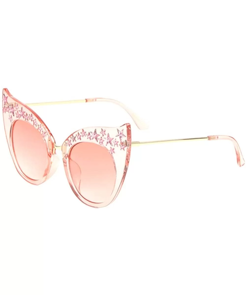 Rhinestone Stars Round Lens Wide Brow Cat Eye Sunglasses - Pink Crystal - CJ1983HOOM0 $21.05 Round