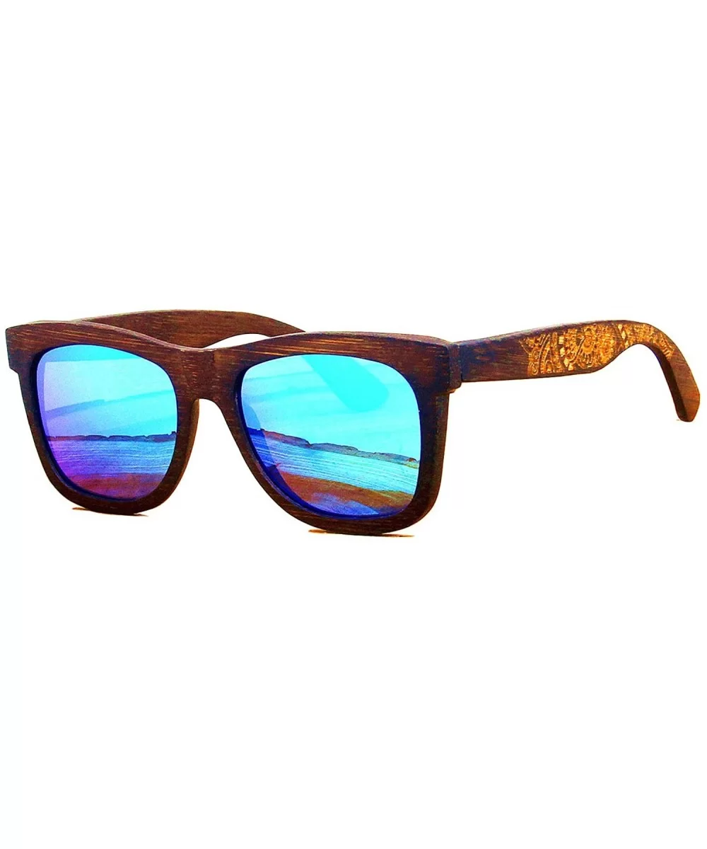 Polarized Real Solid Handmade Bamboo Wood Engraving Blue Sunglasses for Men & Women - Coffee - CH18GDKN8C7 $38.79 Square