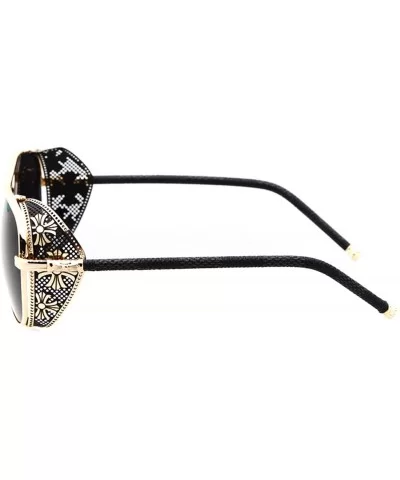 Unisex STY1506 Cross Detail Side Shield Metal Aviator 52mm Sunglasses - C3-gold+black - C112EL3BDF9 $34.13 Round