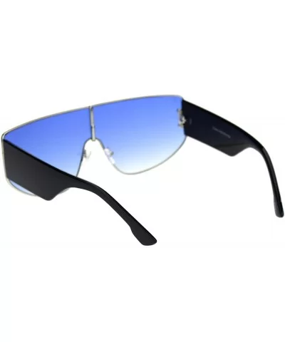 Futuristic Fresh 80s Scifi Space Shield Metal Flat Top Sunglasses - Silver Black Blue - CG18QYZLKLG $20.12 Shield