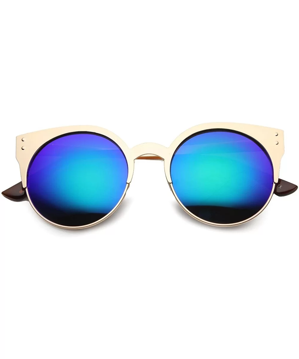 Women's Metal Half Frame Round Colored Mirror Cat Eye Sunglasses 50mm - Gold / Midnight - C8124SH6MYP $13.83 Rimless