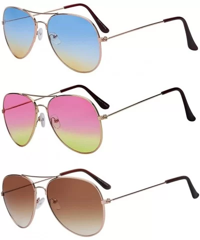 3 Pairs Classic Aviator Sunglasses Two Tone Color Lens Gold Metal Frame - .Blue-pink-brown - C518NI3KWMM $13.50 Round