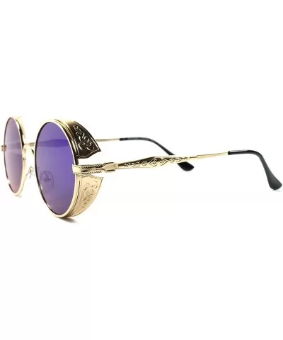 Vintage Retro Side Shields Steampunk Round Sunglasses- Gold/Green - CP188N4E8EH $17.30 Shield