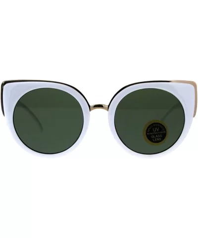 Impact Resistant Flat Glass Lens Sunglasses Womens Oversized Round Cateye - White (Green) - CT18GQOAUWU $16.35 Oversized