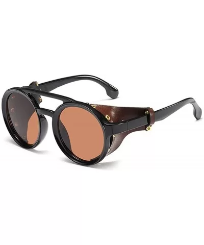 Fashion Vintage Round Sunglasses Leather Side Shield Brand Design Sun Glasses - 2 - C218QADD8CC $55.26 Shield