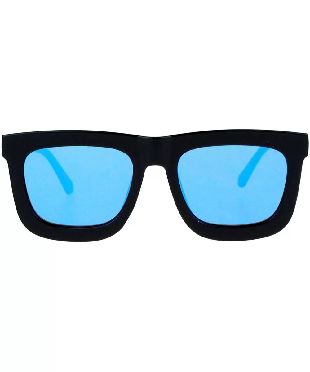 Retro Unique Flat Lens Rectangular Horn Rim Mirrored Mirror Lens Sunglasses - Black Blue - C71260IBXNZ $11.38 Wayfarer