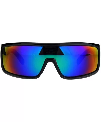 Kush Mens Thick Temple Shield Racer Mirror Lens Plastic Sunglasses - Black Teal Mirror - CK18K6R8DQ8 $17.49 Oversized