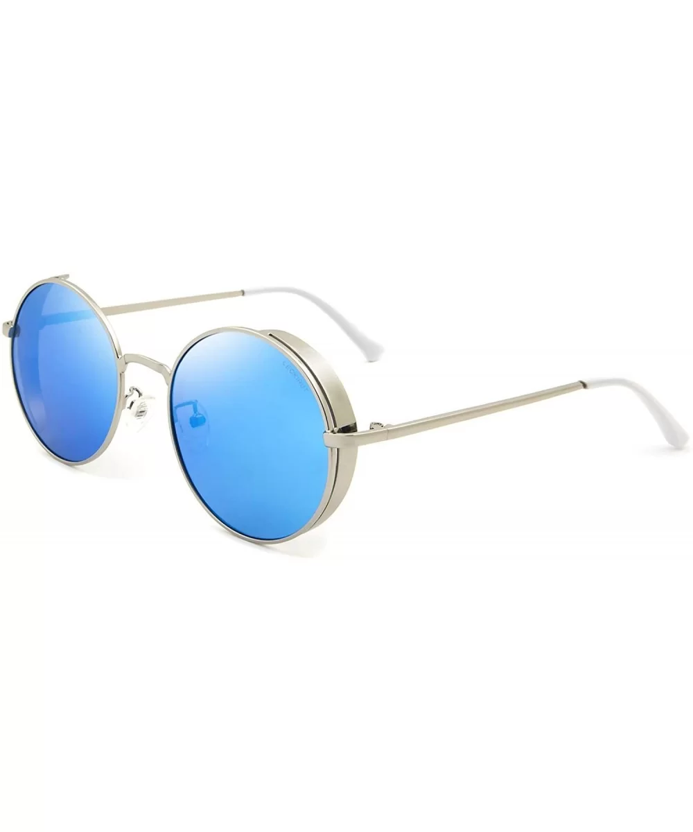 Women's Polarized Retro Round Frame Outdoor Driving Sunglasses - Silver Frame Blue Lens - CH18SLGT9YW $16.11 Goggle