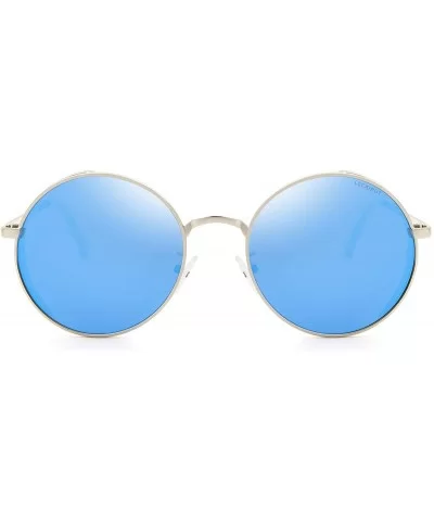 Women's Polarized Retro Round Frame Outdoor Driving Sunglasses - Silver Frame Blue Lens - CH18SLGT9YW $16.11 Goggle