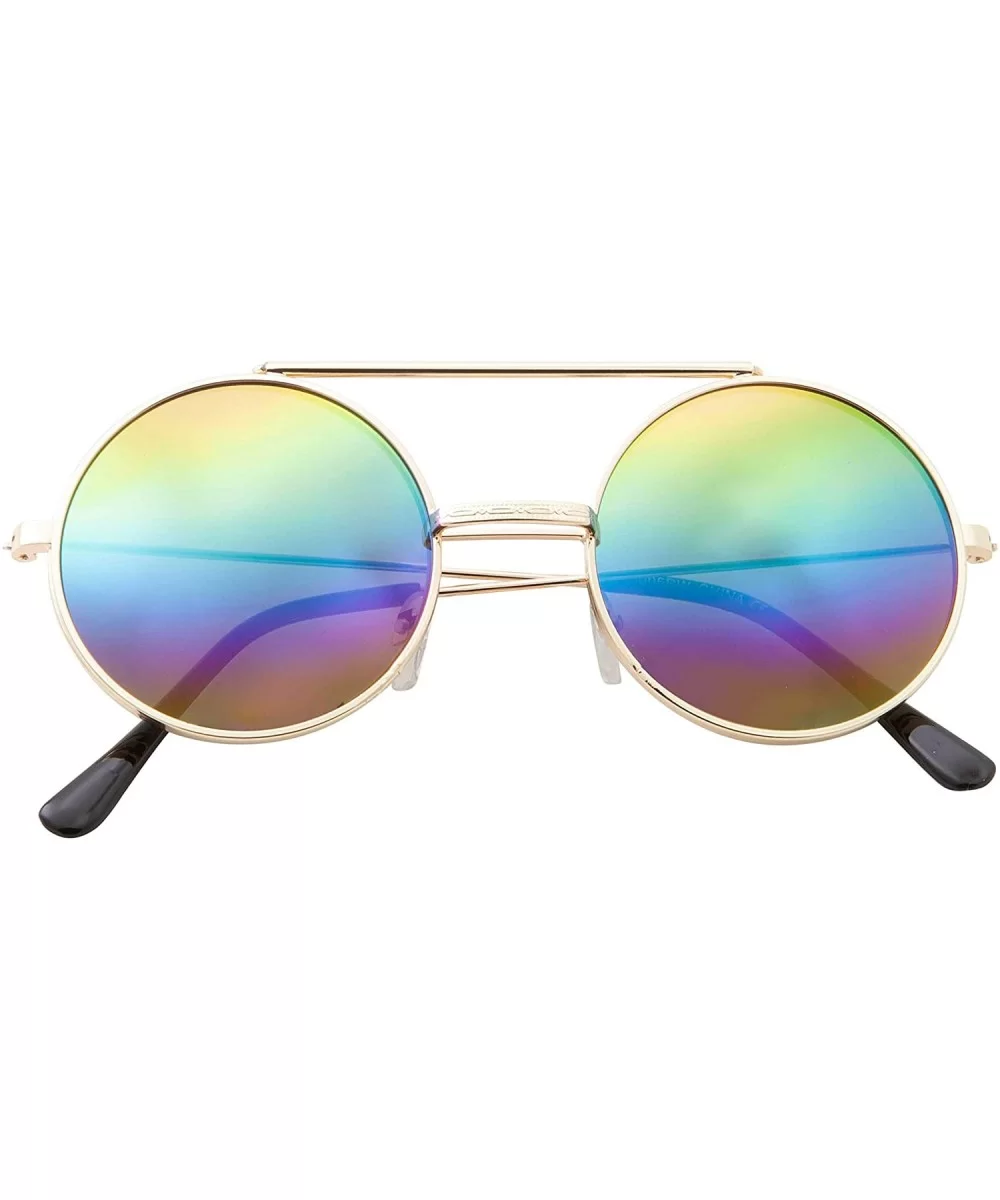 Vintage Steam Punk Round Flip Up Sunglasses for Men and Women Retro Metal Frame - Rbw-rainbow Lens - Gold Frame - CL18ODZ7S7D...