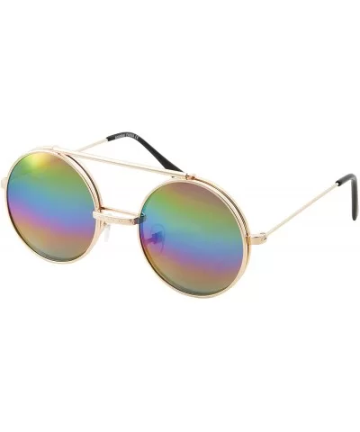 Vintage Steam Punk Round Flip Up Sunglasses for Men and Women Retro Metal Frame - Rbw-rainbow Lens - Gold Frame - CL18ODZ7S7D...