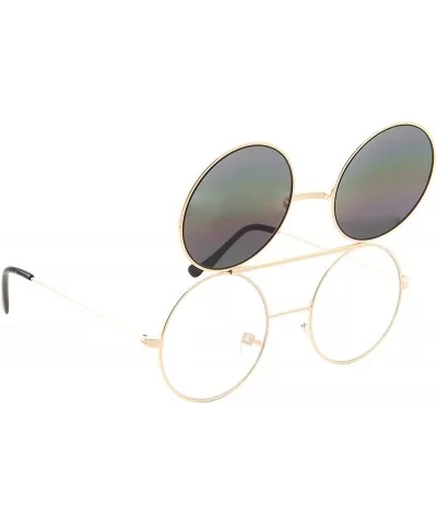 Vintage Steam Punk Round Flip Up Sunglasses for Men and Women Retro Metal Frame - Rbw-rainbow Lens - Gold Frame - CL18ODZ7S7D...