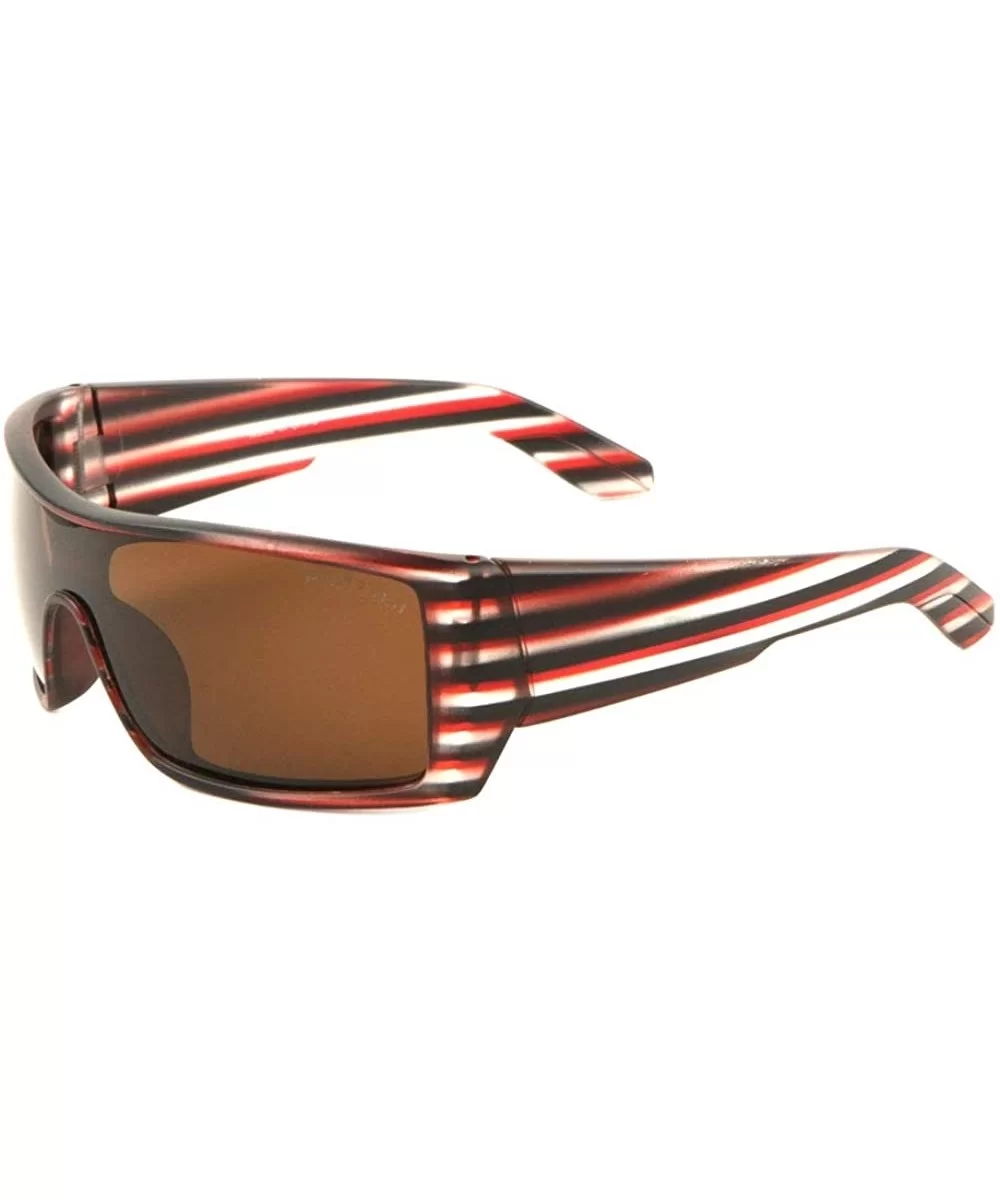 Polarized Rectangular Curved One Piece Shield Lens Sunglasses - Brown Striped Red - CZ190UAL6MK $27.87 Shield