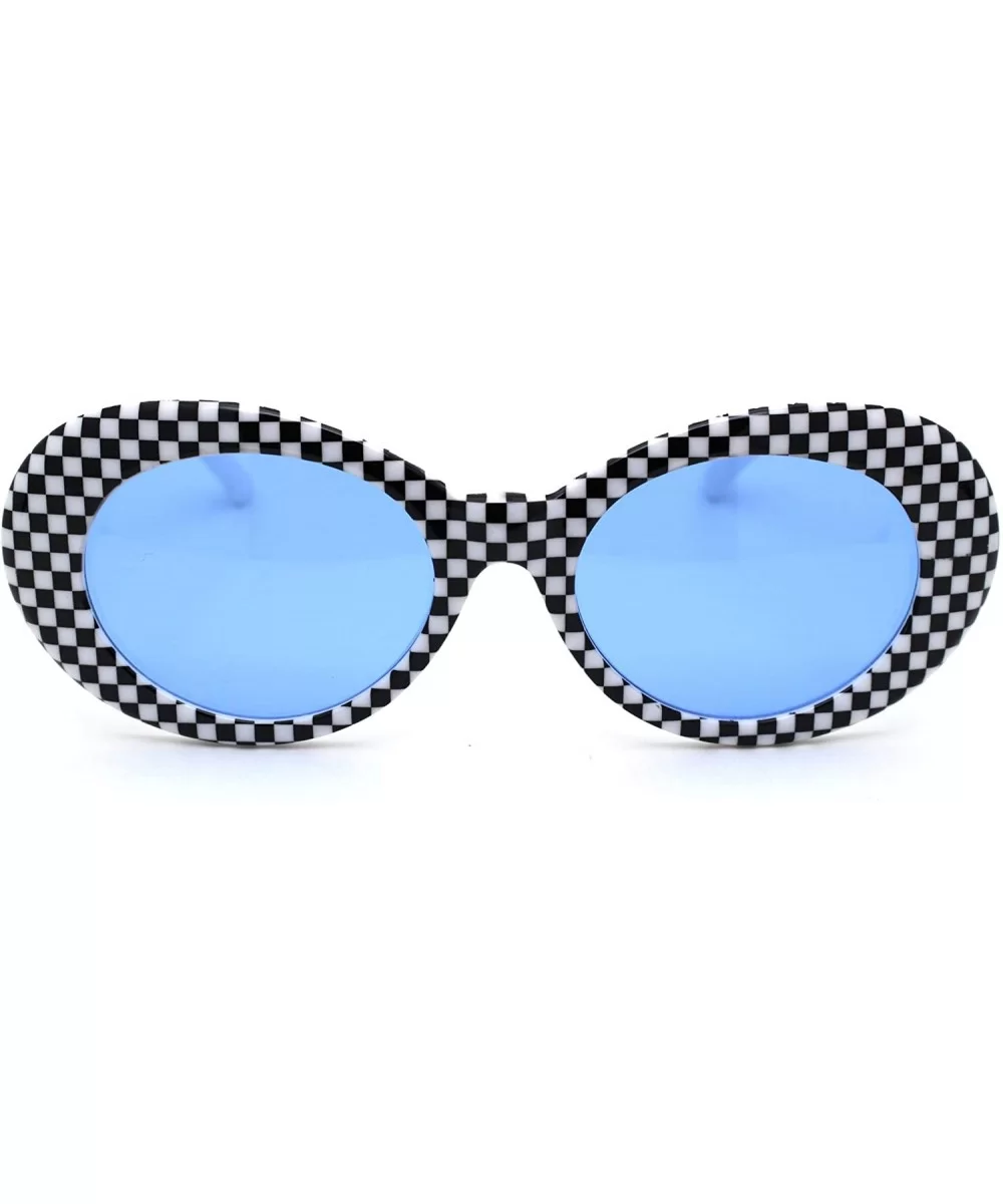 Womens Checker Pattern Mod Oval Thick Plastic Sunglasses - White Blue - CV18YEEID47 $17.55 Oval