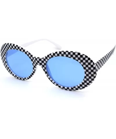 Womens Checker Pattern Mod Oval Thick Plastic Sunglasses - White Blue - CV18YEEID47 $17.55 Oval