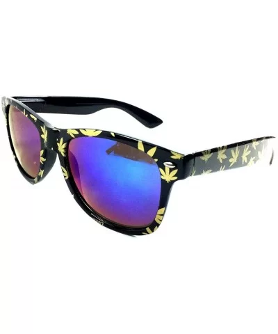 Black Square Weed Leaf Sunglasses w/Iridium Lenes - Black & Gold - CU184U67U4L $12.51 Wayfarer