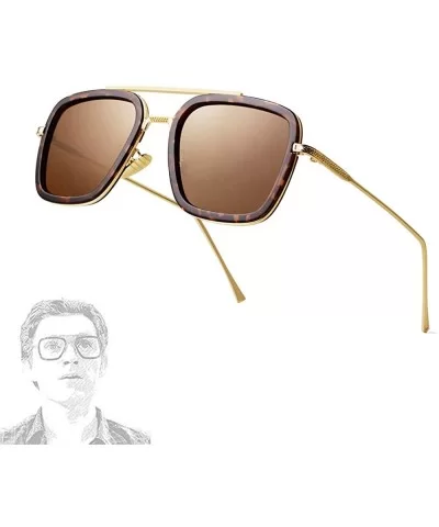 Tony Stark Glasses Retro Square Aviator Sunglasses for Men Women Metal Frame - Gold/Tea Circle - CN18WTZ9774 $12.74 Square