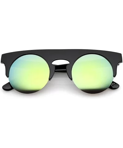 Modern Flat Top Horn Rimmed Round Flat Lens Semi Rimless Sunglasses 48mm - Black / Yellow Mirror - CB17YHTI373 $12.85 Rimless