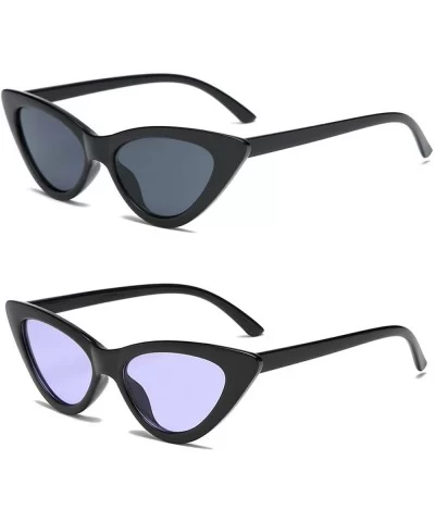 Retro Vintage Narrow Cat Eye Sunglasses for Women Clout Goggles Plastic Frame - Black Grey + Black Tinted Purple - C918UMLKLS...