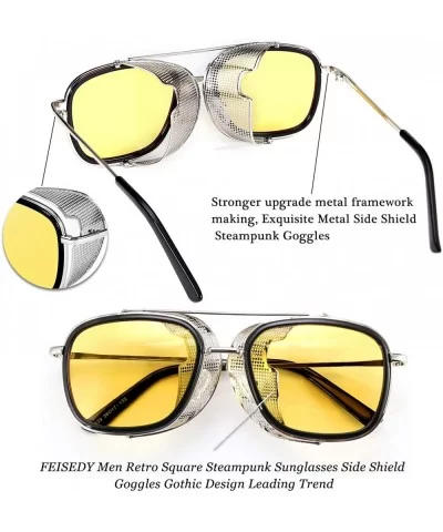 Men Retro Square Steampunk Sunglasses Side Shield Goggles Gothic B2582 - 004 Yellow - CR1960TQ7XA $24.80 Shield